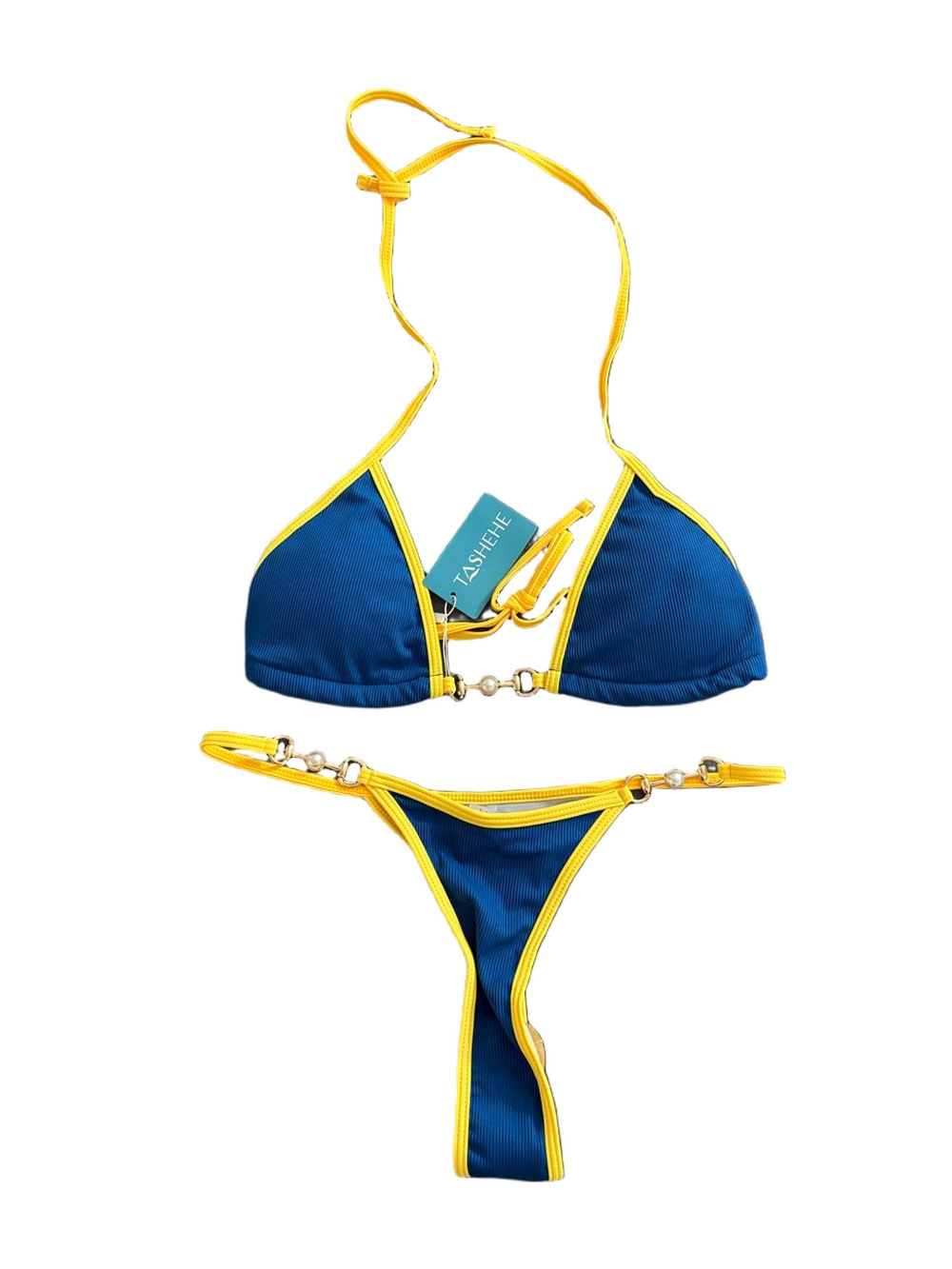 Tashehe Blue Yellow Ribbed Bikini Set Pearl Detail Women’s Large NWT